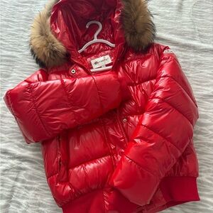 Shiny Red Puffer Jacket with Faux Fur Trim